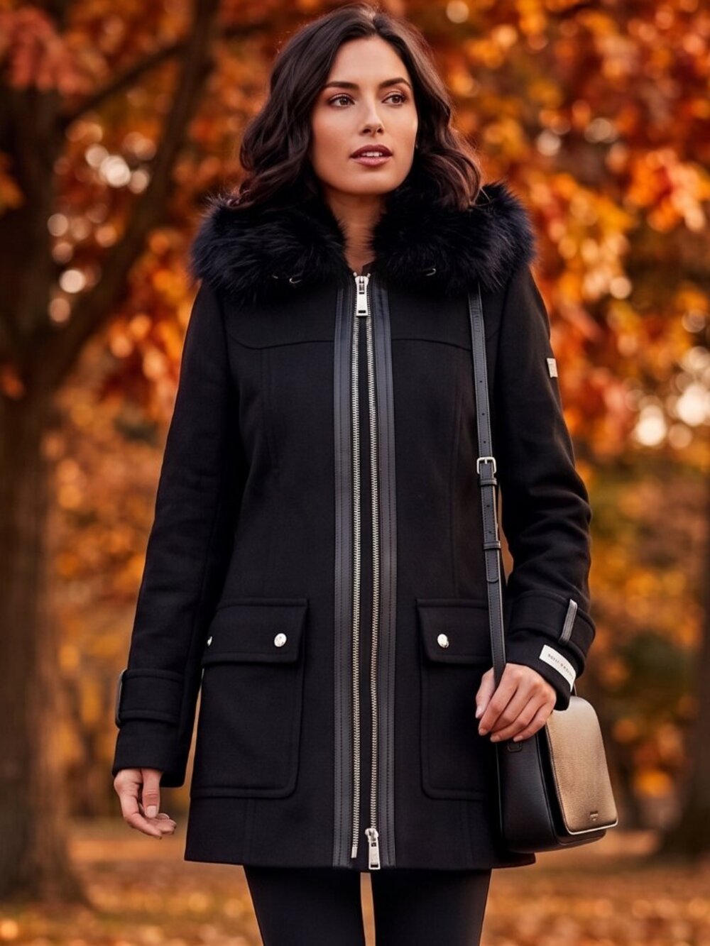 Calvin Klein Black Wool Blend Pea Coat Caban Faux Fur Removable Hood S